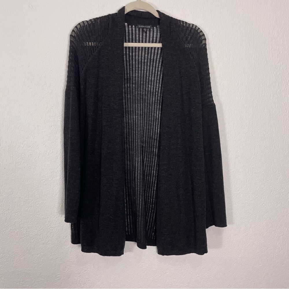 Eileen Fisher Black Open Knit 100% Merino Wool Open Cardigan Sweater